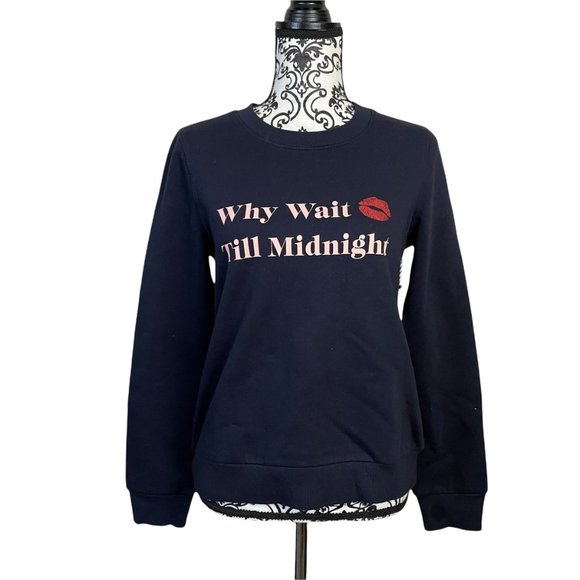 1901 | Women's Navy Blue Why Wait Till Midnight Kiss Graphic Sweatshirt Small - Picture 2 of 6
